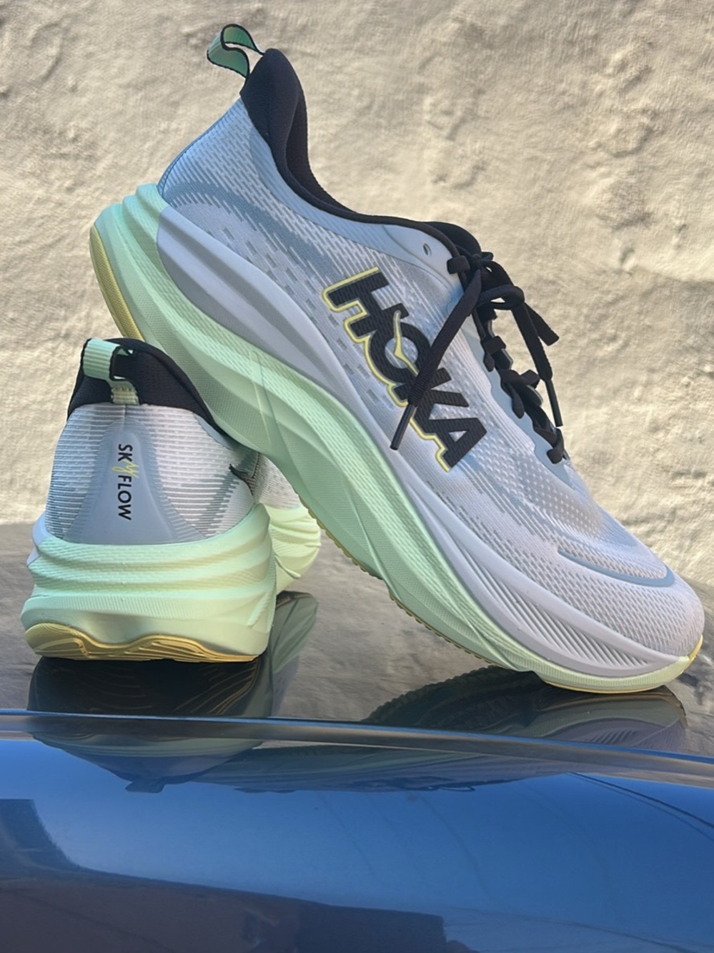 HOKA mens Sky-Flow Running Shoe - White with Mint